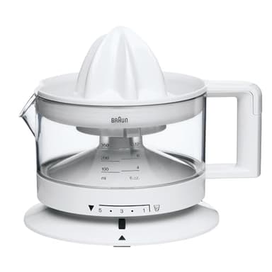 Braun CJ3000 WH - Exprimidor Eléctrico de Naranjas, 20 W, 350 ml, Cantidad de Pulpa Ajustable, Apto para Lavavajillas, Diseño Icónico, Blanco [Clase de eficiencia energética A]