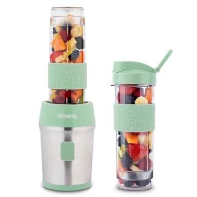 H.Koenig Mini batidora Smoothie maker Compacto 570mL SMOO18 Sin BPA Potente 300W, Batidora de Smoothie 2 Botellas Portátiles, 4 Cuchillas de Acero Inoxidable, verde pastel