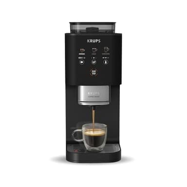 KRUPS Coffee Crush, Cafetera Superautomática, Café en Grano y Molido, 15 Bares, 3 recetas de café, 3 niveles de temperatura y de molienda, Pantalla táctil, Compacta 15 cm de ancho, Negro, SA4028E0