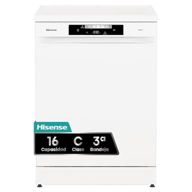 Hisense HS643C90W - Lavavajillas de Libre Instalación, Clase C, Capacidad 16 Servicios, Alto 84.5cm x Ancho 59.9cm, Blanco, Secado Automático, Programas Automáticos, Tercera Bandeja, 15' Lavado Rápido