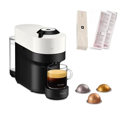 Krups Nespresso VERTUO Pop XN9201DES - Cafetera de cápsulas, máquina de café expreso, 4 tamaños tazas, tecnología Centrifusion, 35% plástico reciclado, Incluye Kit Descalcificador, Color Blanco