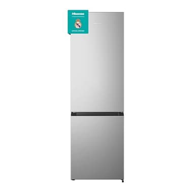 Hisense RB343D4CDE - Frigorífico Combi Cíclico, 269L, Class E, Ancho 55cm x Alto 180cm, Puerta Reversible, Apertura de Puertas 90º, Iluminación Led, Cajón Frutas y Verduras, Gran Capacidad, Inox