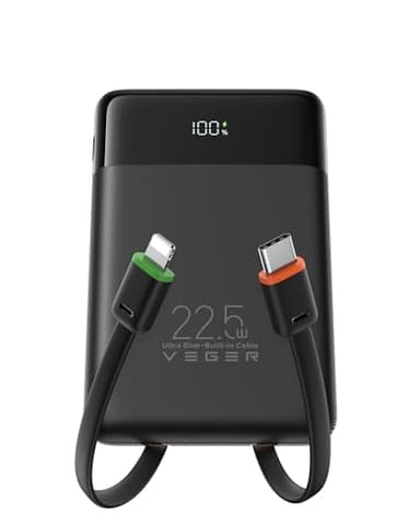 VEGER Power Bank con Cables Integrados,10000mAh USB C Bateria Portatil, 22.5W Mini Bateria Externa Carga Rapida Compatible con teléfonos móviles, tabletas, Chalecos calefactables, etc.