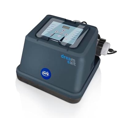 Gre - GSS25 Clorador Salino Dream Salt para Piscinas Elevadas hasta 25 m³ con Pantalla LED, Generador de Cloro 3 g/h, Electrodo Autolimpiante, IPX4, Temporizador e Interruptor de Flujo