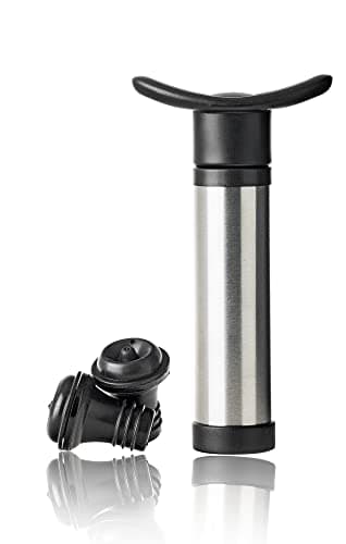 Qpractiko Bomba de vacío para vino de acero inoxidable, plata, incluye 2 tapones de silicona, fácil de usar, compatible con la mayoría de botellas