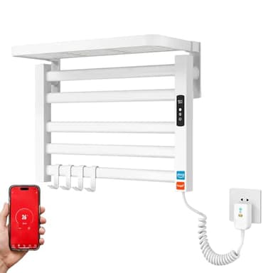 YOEVU | Toallero eléctrico | Mediano, 100W, Aleación de Aluminio | Estante Superior, Pantalla LCD táctil, Control WiFi, Compatible con Alexa y Google Home | Blanco