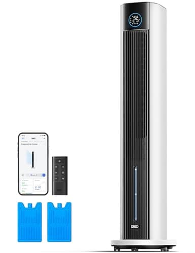 DREO Ventilador de Torre con enfriamiento por agua, enfriador 110 cm, silencioso, 4 velocidades, 4 modos, evaporativo, control app, paquete de hielo, oscilación 80°, temporizador 12 h, blanco