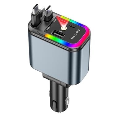 5 en 1 Retráctil Cargador Coche Carga Rápida con Proyección de Estrellas, Cargador de Coche Retráctil USB Compatible con iPhone/Samsung Galaxy/Google Pixel/Hua Wei/Tablet