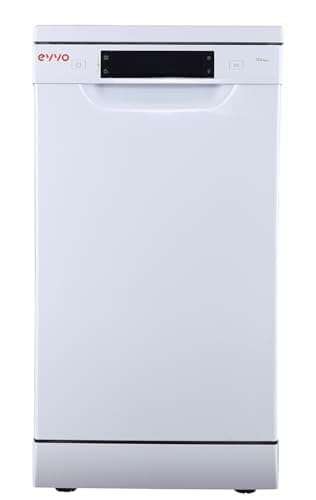 EVVO Lavavajillas estrecho, Ancho 45 cm, Capacidad para 10 Cubiertos, Programa Rápido 30 minutos, Programa Media Carga, Bandeja Superior Ajustable, 8 Programas, Modelo D3 Slim, Acabado Blanco