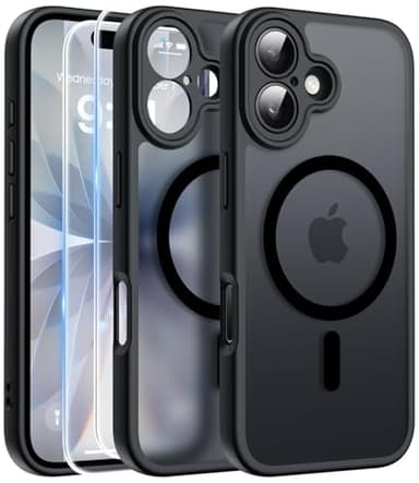 FLLAO Funda para iPhone 17, Compatible MagSafe, con 2 Piezas Protector de Pantalla Cristal Templado, [Protección de Cámara] Magnética Carcasa Translúcida Mate Trasera Fina Antigolpes, Negro