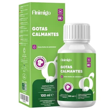 animigo Calmante para Perros en Gotas - 100ml con Vitaminas, Zinc y L-triptófano - Tranquilizante Natural para Perros, Relajante para Nervios por Fuegos Artificiales, Petardos, Tormenta o Viajes