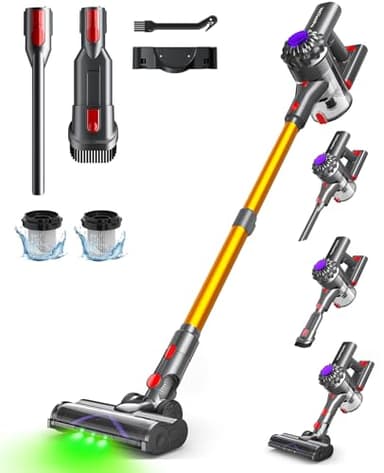 VACTechPro Aspiradora sin Cable,35kPa Aspirador de Mano,6 en 1 Inalámbrica con 35minutos de autonomía y batería extraíble,Aspirador Escoba Ideal para Pelo de Mascota/Alfombra/Suelo Duro&Oro