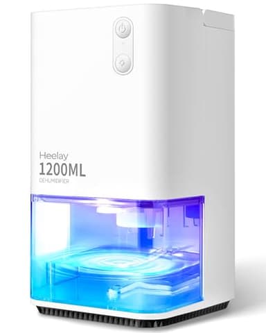 Deshumidificador 1200ML, Heelay® Deshumidificador Silencioso pequeno Eléctrico Bajo Consumo 7 LED Colores Portátil Apagado Automático Baño Armario Habitacion RV Blanco,Área Aplicable 5-10 m²