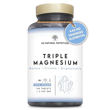 Glicinato de Magnesio Triple 3 en 1 (6 Meses) 2640 mg Magnesio, Complejo Sinérgico con Malato, Citrato, Bisglicinato para Sueño, Energía, Músculos y Huesos. 180 Tabletas. N2 Nutrición Natural