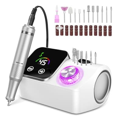 Torno para Uñas,Torno para Uñas Profesional 45000 RPM,con 12 Cabezales de Pulido, Pantalla táctil LCD,Perilla de cristal,Lima portátil para uñas acrílicas y de gel (Blanco)