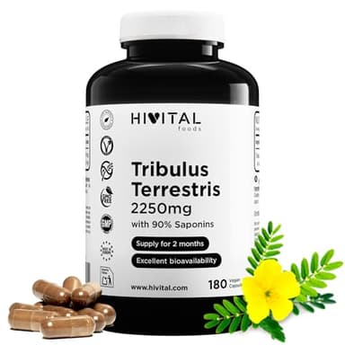 Tribulus Terrestris 2250 mg. 180 cápsulas veganas para 2 meses de tratamiento. Extracto Natural con 90% Saponinas con alto principio activo. Fabricado en España por HIVITAL