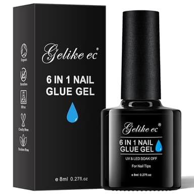 Gelike ec Pegamento Uñas Postizas Super Fuerte: 6 en 1 Pegamento Acrilicas para Uñas Acrílicas Claro Tips De Uñas Y A Presión-Necesita Curar Bajo UV Lámpara 8ml