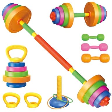 Hitish Juego de pesas para niños, 5 en 1, dispositivo de entrenamiento con barra, mancuernas, pesas rusas y juego de lanzamiento de anillas, juguete de fitness para principiantes, levantamiento de