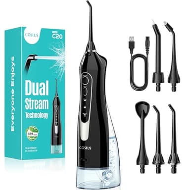 COSLUS C20 Irrigador Bucal Portatil Flosser: 300ML Irrigador Dental Inalámbrico de Riego para Limpieza Dental Doble chorro de agua IPX7 Impermeable Limpieza Diente Para Hogar baño y los Viajes Negro