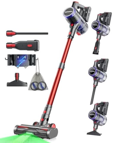 VACTechPro 55000Pa/600W/70Min Aspiradora sin Cable, 1.6L Escoba Aspirador sin Cable con Filtración de 8 Capas, Súper Silencioso Aspirador Vertical con Cepillo Antienredos, Aspiradora, Rojo Oscuro