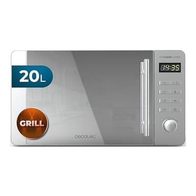 Cecotec Microondas de 20L Proclean 5120 Flatbed. Inox Potencia de 700W y Grill de 800W, 8 Programas, Pantalla Led, Diseño Mirrordoor, Interior Cerámico, Temporizador 30 Min, Tecnología 3Dwave