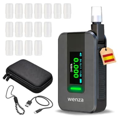 WENZA Alcoholimetro Homologado España con 16 Boquillas - Sensor Electroquímico de Alta Precisión con Pantalla LDC en Español- Etilometro Digital Recargable - Test alcoholemia Portátil