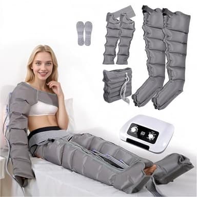 Presoterapia Piernas y Abdomen, Botas Presoterapia Piernas, 6 Camaras Maquina Masajeador Drenaje Linfatico Circulación, 0-30 Min, 0-240 Mmhg Ajustables (Gris, 2 brazos + 2 piernas + abdomen)