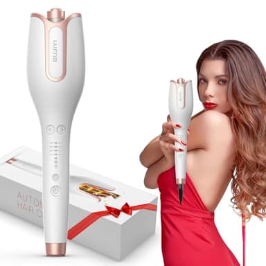 BUJIYI Rizador de Pelo Automatico, Rizador Pelo Ondas, con 4 Niveles de Temperatura Ajustables, 3 Opciones de Tiempo de Calentamiento, Diseño Antiquemaduras, no Daña el Cabello (Blanco)