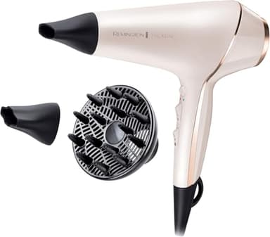 Remington Secador Pelo 2400 W, motor profesional AC, antiencrespamiento PROluxe tecnología OPTIheat, iónico, ráfaga de aire frío, 3 ajustes de calor/2 velocidades, difusor y concentrador AC9140