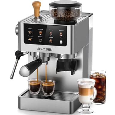 AIRMSEN 20 Bar Cafetera de Café Espresso con Molinillo Cónico y Vaporizador de Leche, Programable, Pantalla Táctil, Fabricada en Acero Inoxidable, 1.8L - Café Cold Brew y Americano, Espresso y Leche