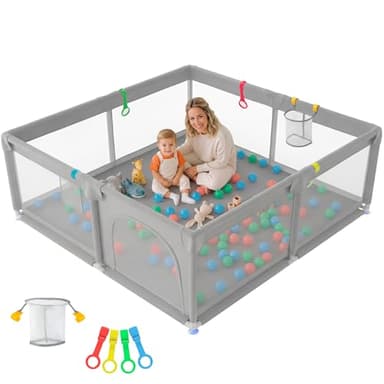 JUPPLIES Parque Bebé Seguro 120 × 120 cm – Zona de juegos cuadrada para niños de 6 a 24 meses, red transpirable 360°, estructura estable antideslizante, 2 asas incluidas (gris)