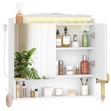 Hzuaneri Armario de Baño, con Espejo y Luz LED, Mueble Espejo de Pared, Armario baño Pared, con Soportes y Ganchos para secador de Pelo, con Interruptor y Enchufe, 16,5 x 70 x 75 cm, Blanco