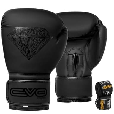 EVO Maya Hide - Guantes de Boxeo de Piel para Artes Marciales Mixtas, Sparring, Muay Thai, Kickboxing, Lucha, Guantes de Entrenamiento con Vendas de Mano de Boxeo (Negro, 14 OZ)