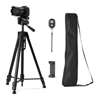 Amazon Basics Trípode para Teléfono y Cámara Réflex Digital de 152cm/60in, Ligero, con Bolsa, Mando a Distancia Inalámbrico y Soporte para Teléfono, Altura Ajustable, Negro
