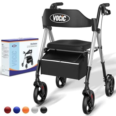 VOCIC Andador plegable y ligero con asiento, andadores estrechos para apartamentos, andadores para personas mayores, plegable con neumáticos de 20 cm para todo terreno, asiento y mango de altura