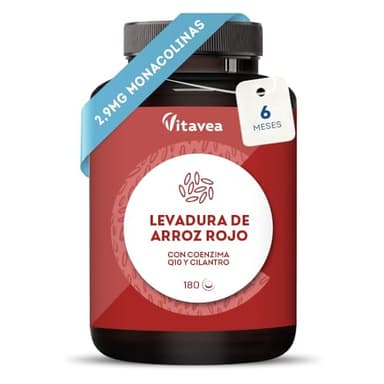 Levadura Roja de arroz con Coenzima Q10 y Cilantro - Baja el colesterol - 2,9mg de Monakolina k - Dosis óptima con Q10 - Vegana - 180 cápsulas - 6 meses de suministro - Vitavea