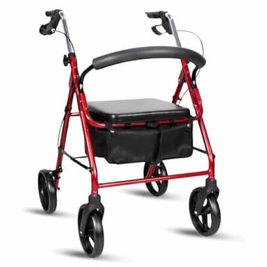 Andador para Ancianos con Asiento MA01, MARCA ESPAÑOLA - Plegable, Ligero y Regulable, Caminador para Personas Mayores con Cesta, RUEDAS DE 8 PULGADAS, ACERO, COLOR GRANATE