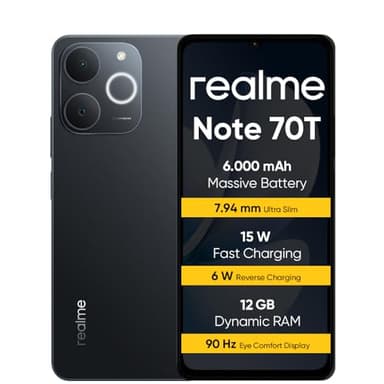 realme Note 70T Smartphone 4+256 GB, Gran batería de 6000 mAh, Carga rápida de 15 W con Carga inversa de 6 W, RAM dinámica de 24 GB, Pantalla con Modo de Comodidad Ocular de 90 Hz, Negro