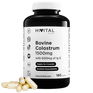 Calostro 1500 mg. 180 cápsulas para 2 meses. Calostro Bovino Natural de Vaca de Pasto con 600 mg (40%) de Inmunoglobulina G Activa (IgG). Rico en Aminoácidos. Fabricado en España por HIVITAL