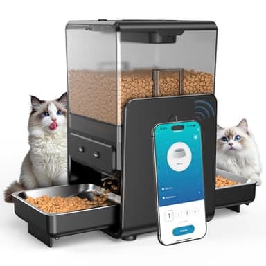 Comedero Gato Automatico con Control App para 2 Gatos, Altura Ajustable para Mascotas Pequeñas, Dispensador Comida Gatos de 5 litros para Alimento Seco, Grabadora de Voz