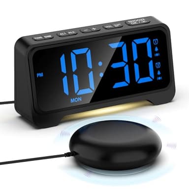 Mesqool Despertador con Vibración para Sordas, Despertador Ruidoso para Dormitorios con Luz Nocturna y Vibración, Reloj Mesita de Noche, Pantalla Grande de 7.2 '' y Atenuador, Snooze