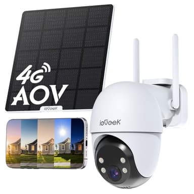ieGeek 24/7 Grabación,Cámara Solar 4G AOV sin WiFi,Cámara Vigilancia SIM Exterior sin Cables,Seguimiento Automático,Detección Persona/Coche 30m,Visión Nocturna 20m,eSIM Integrado,10000mAh,360° PTZ