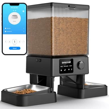 oneisall 5L Comedero Automático Gato 2 Tazones, 5G/2.4G WiFi Máquina de Comida Inteligente para Gatos/Perros, fácil Operación con Control App, con 2 Tazones de Acero Inoxidable, Grabadora de Voz