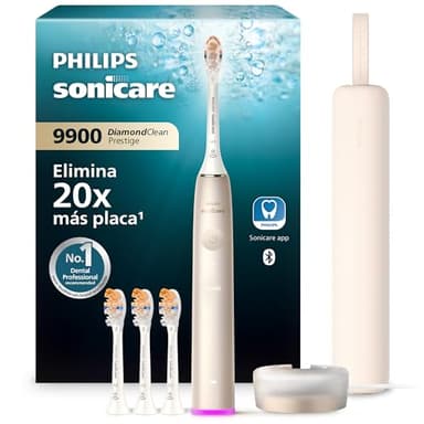Philips Sonicare DiamondClean 9900 Prestige cepillo dental eléctrico, con tecnología SenseIQ y aplicación, 5 modos de cepillado, estuche de viaje con carga, color champán, modelo HX9992/44