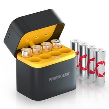 PHOTOOLEX Pilas Recargable AA de Litio con Cargador, 3600mWh Capacidad Paquete de Salida Constante y descarga 3A de 1,5V Pilas AA, con caja de almacenamiento de carga integrada para flash blink Cámara