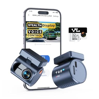 KAWA Dashcam - Pantalla Transparente, 2K1296P Cámara para Coche,Control por Voz, WDR/3D DNR, Visión Nocturna, Sensor G, Supercondensador, Incluye Tarjeta SD 32GB, App Control