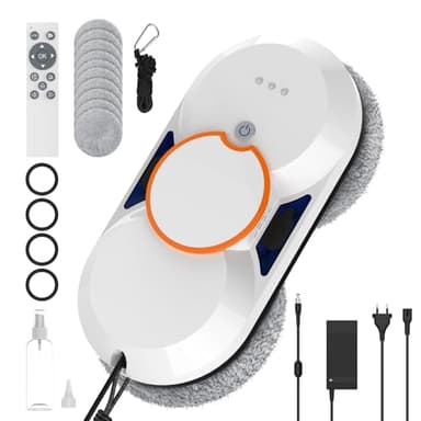 Robot Limpiacristales, 5600PA Limpiacristales Electrico Ventanas con Doble Pulverización de Agua, 3 Modos de Limpieza, Sistema de Seguridad, Detección Inteligente de Bordes, Control Remoto e 8 Trapo
