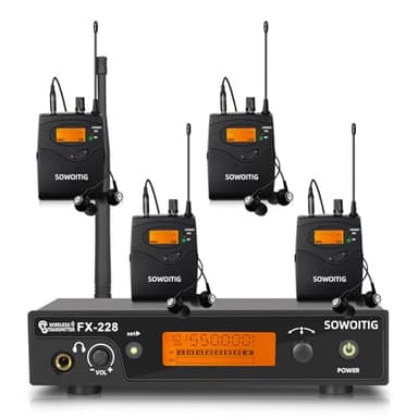 SOWOITIG Sistema de monitoreo inalámbrico in-ear – Sistema UHF IEM profesional (mono) con transmisor de metal montado en rack, 4 receptores con auriculares