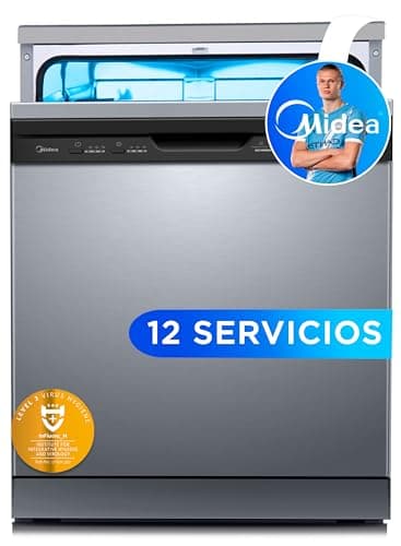 Midea Lavavajillas 60 cm+++ Inox para 12 servicios - Lavaplatos libre instalación - Compacto con 4 Programas de Lavado integrable - Filtro Antibacterias y Programación Horaria Nuevo Modelo