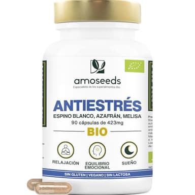 Antiestrés BIO | Melisa, Espino Blanco, Azafrán | Equilibrio Emocional, Relajación, Reduce la Tensión Nerviosa | 90 cápsulas de 423mg | Prima Calidad